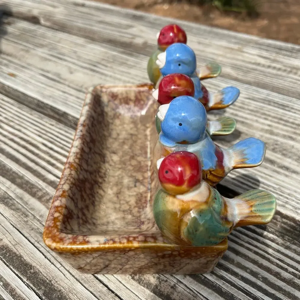 Vintage Hand Painted Ceramic Bird Tray Rustic Pottery Catchall Farmhouse Dish